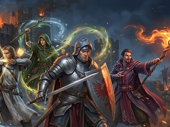 A paladin with a bow of light, a hooded druid, a knight with a shield and a sorcerer with a fire staff defend the gate of a burning castle.